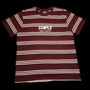 Staple Pidgeon Striped Centre Logo T-Shirt Maroon Red White | Men's XL Pre-owned